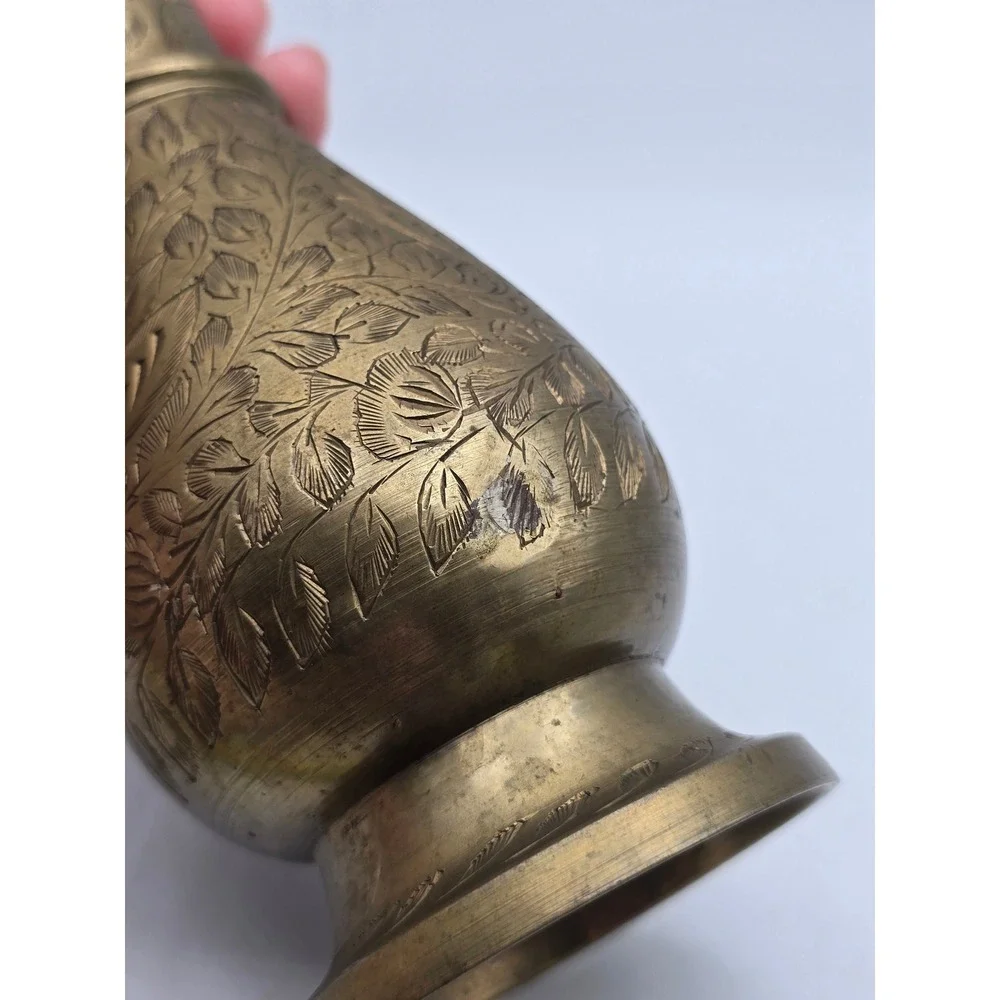 Vintage Etched Brass Vase Floral Hand Engraved Made in India 8.5 Inch Boho Decor